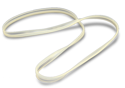 A white rubber band is laying on the ground.